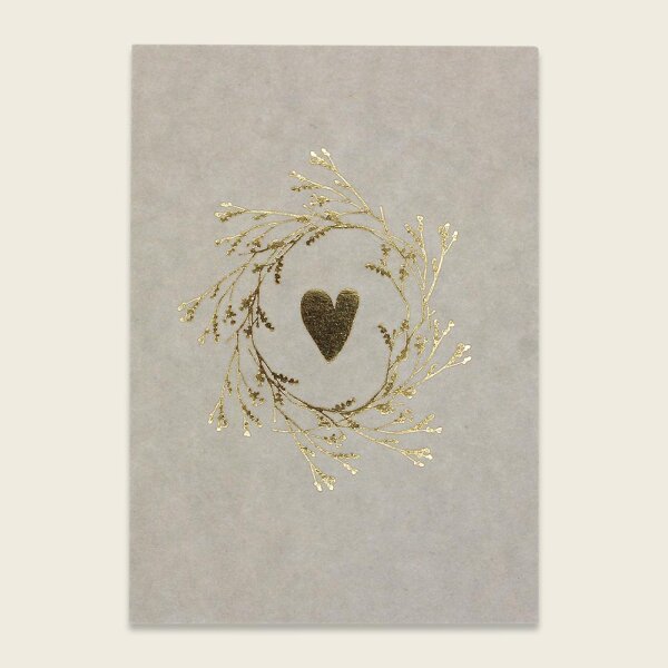 Postkarte mit Goldeffekt –  Herz mit Blumenkranz