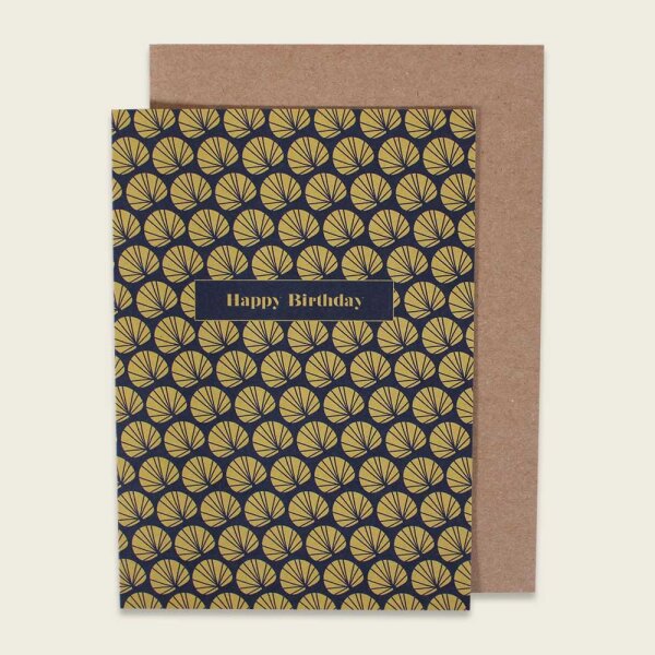 Klappkarte Happy Birthday, Palmwedel, ocker/blau