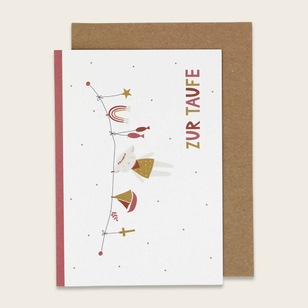 Klappkarte ZUR TAUFE- Wäscheleine mit Lamm und Schiff, rose/ocker