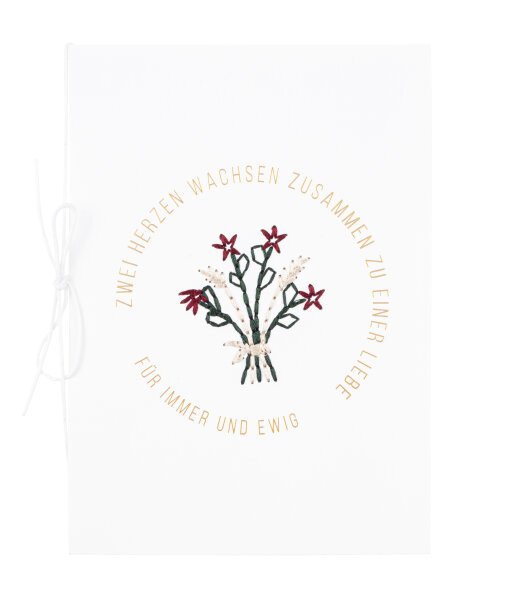 Karte gestickt "Zwei Herzen wachsen zusammen"