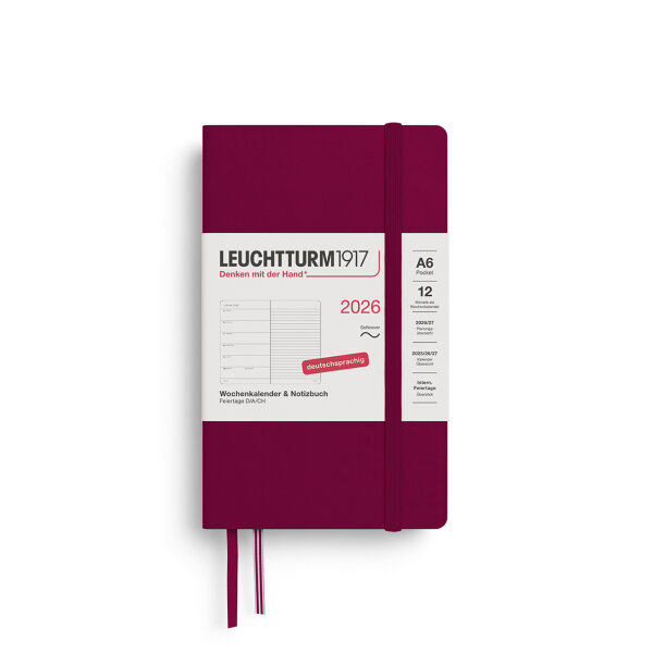 Wochenplaner Pocket (A6) 2026, mit Notizbuch, port red, softcover