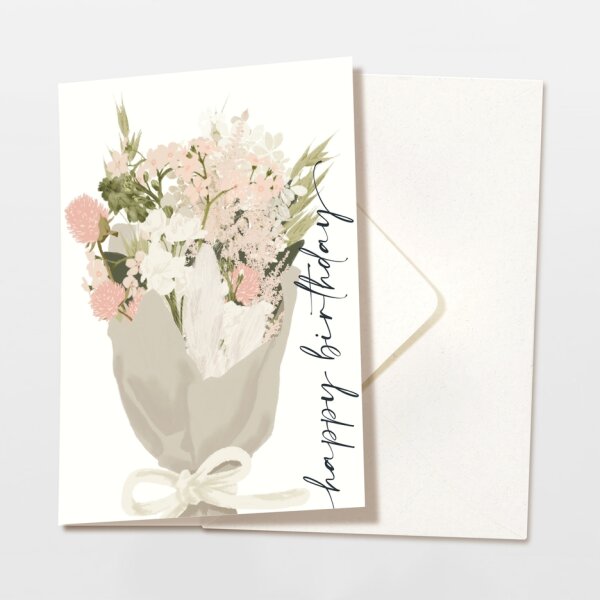 Klappkarte "Happy Birthday rosa Blumen" mit Umschlag